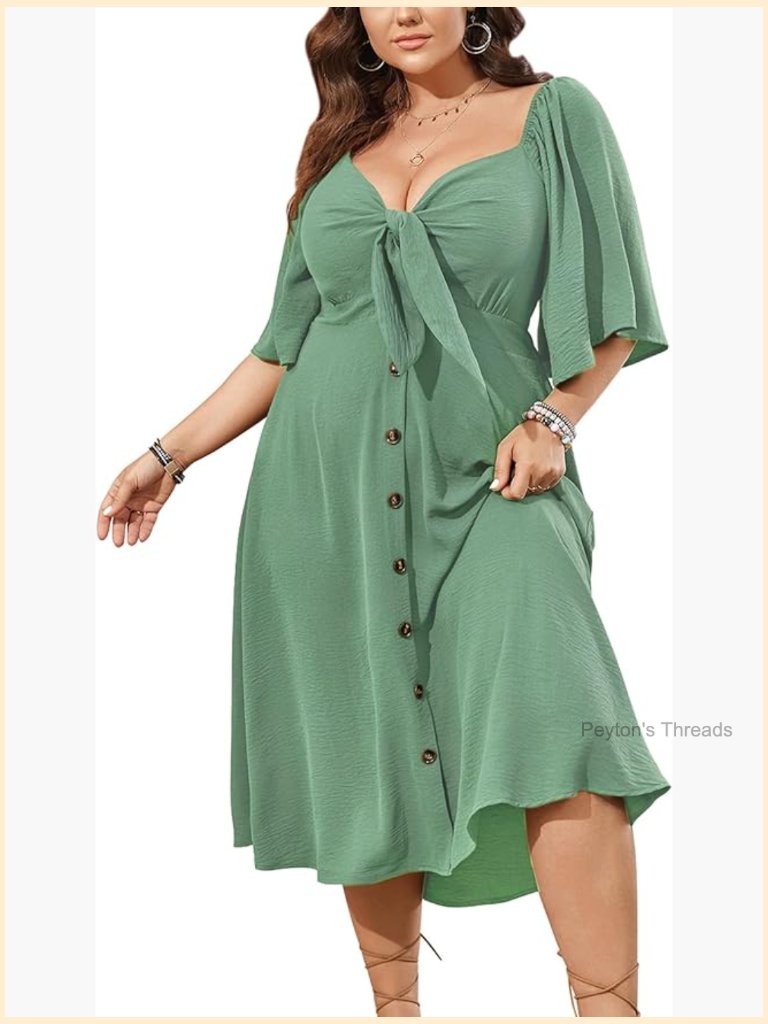 Plus Size Bow Tie V-Neck Smocked Button Down Midi Dress